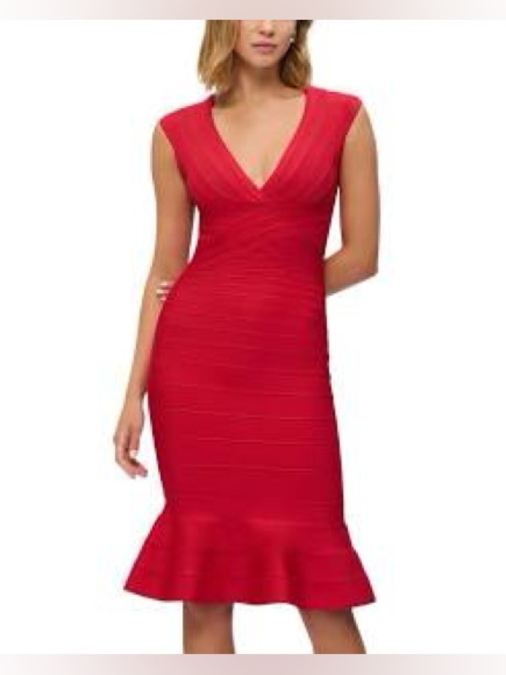 Herve Leger Paris Size XL Red V-Neck Bandage Midi Dress with Flounce Hem